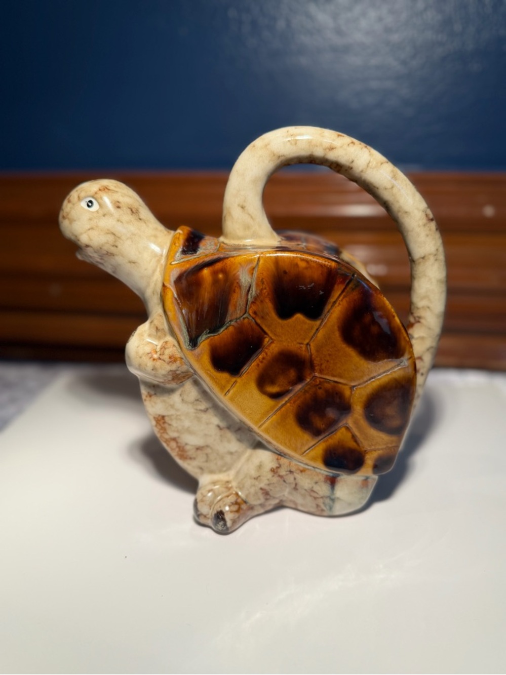 Vintage Tii Collections Ceramic Turtle Pitcher, glossy brownbeige speckled glaze
